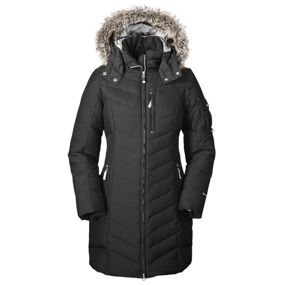 Eddie Bauer Women’s S Black Long Down Quilted Puffer Jacket Parka Faux Fur Hood - Picture 2 of 13